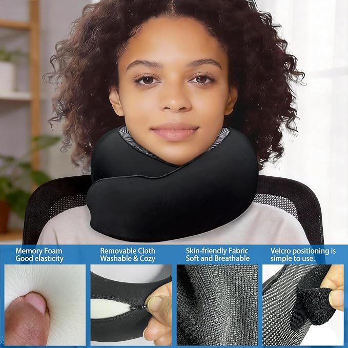 Airplane Travel Neck Pillow with Hood – Memory Foam Neck Support Pillow with Light Blocking Cover for Sleeping on Flights, Ergonomic Travel Pillow for Plane, Car & Office - Image 2