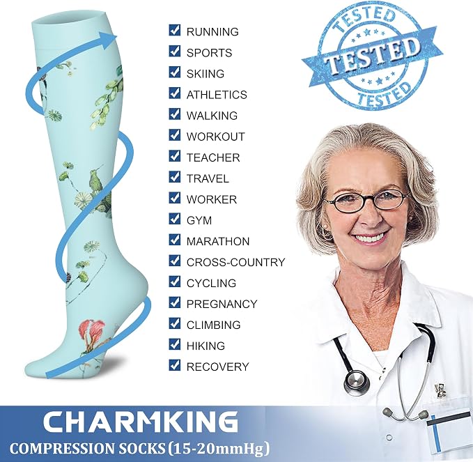 CHARMKING Compression Socks for Women & Men Circulation (8 Pairs) 15-20 mmHg Best Calf Socks Support for Athletic Cycling - Image 5
