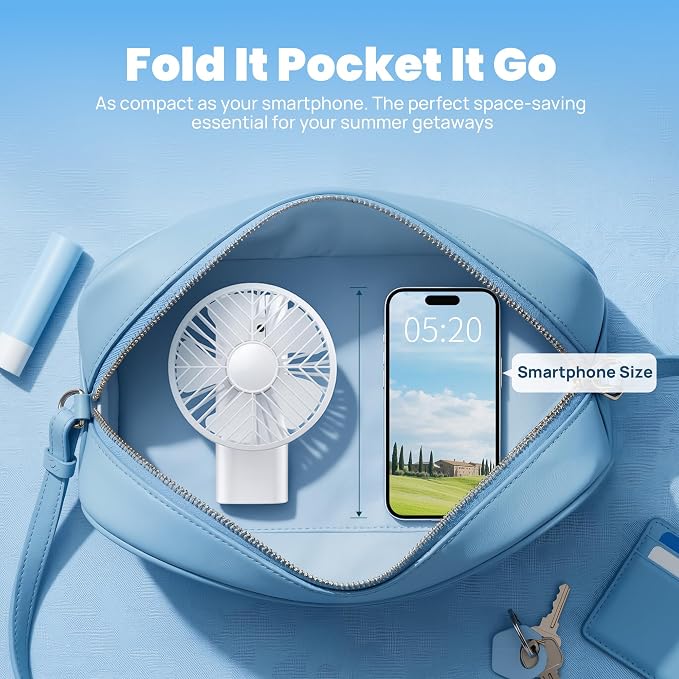 HAWANA Handheld Fan Rechargeable, Portable Mini Fan with 3000mAh Battery, Up to 10H Runtime, 180° Foldable Personal Fan, USB Travel Fan for Pocket, Office, Bedroom, Camping - Image 5