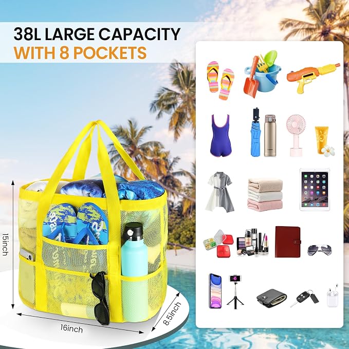 Tavaleu Mesh Beach Bag, Large Capacity Beach Tote, Multi Pockets, Sandproof | Mesh Material, Multiple Storage Pockets, Lightweight & Foldable Design, For Beach & Pool Use, Easy to Clean & Quick Dry - Image 4