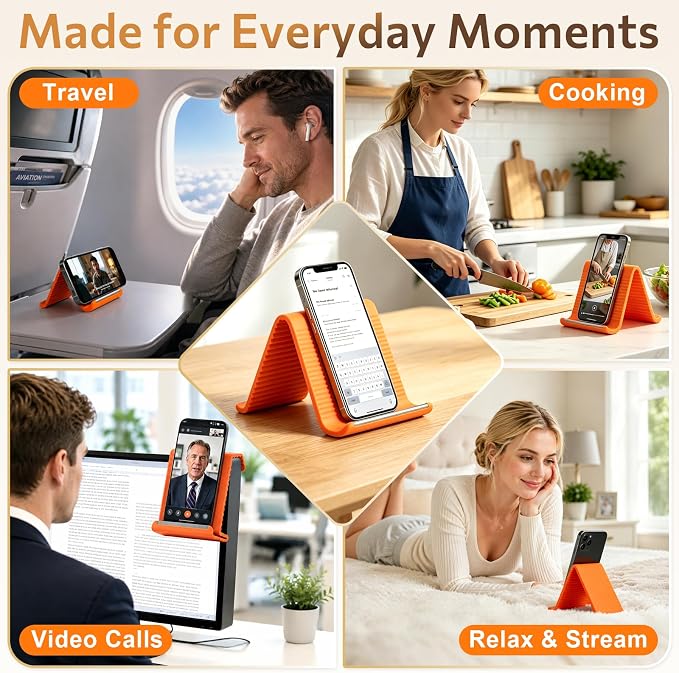 Flexible Silicone Phone Stand with Aluminum Core, Foldable Silicone Phone Holder for Cell Phones, Tablets & Small Devices, Adjustable Desktop & Airplane Phone Holder for Travel, Office & Home (Orange) - Image 7