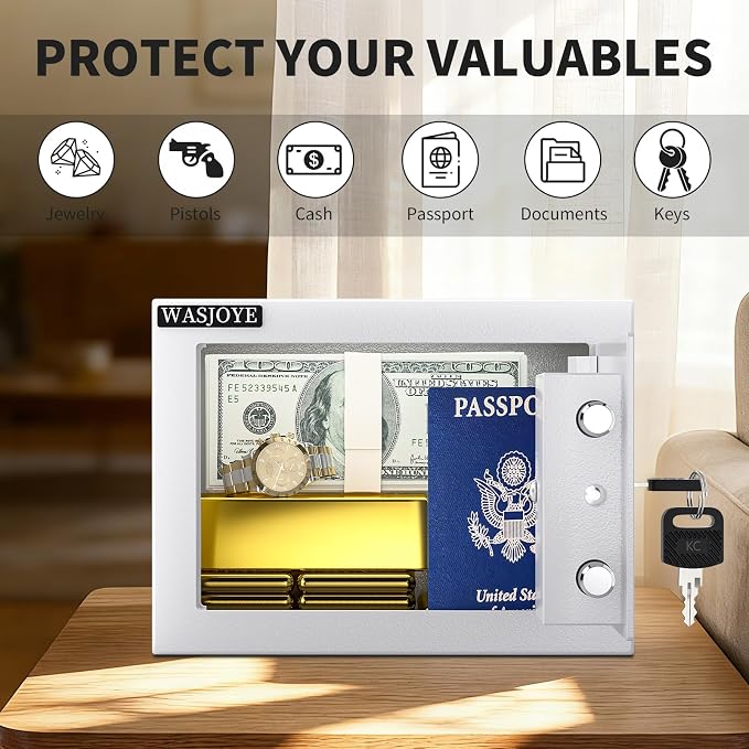 Small Safe with Key for Money, 0.25 Cu Ft Key Lock Box (White) | Small Safe Box Coffre Fort for Cash Jewelry Medicine Passport, Steel High Security Safety Box - Image 3