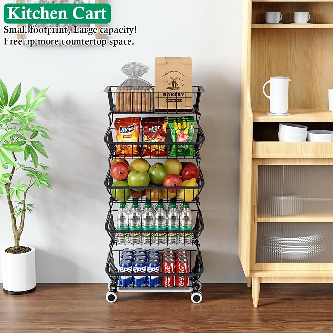 OKZEST 5 Tier Fruit Basket for Kitchen, Stackable Bins Wire Rack with Wheels, Fruit and Vegetable Storage Basket Pantry Food Snack Organizer Shelf, Kitchen Storage Cart for Onion and Potato, Produce | Kitchen pantry organizer rack with dirt catch tray,... - Image 7