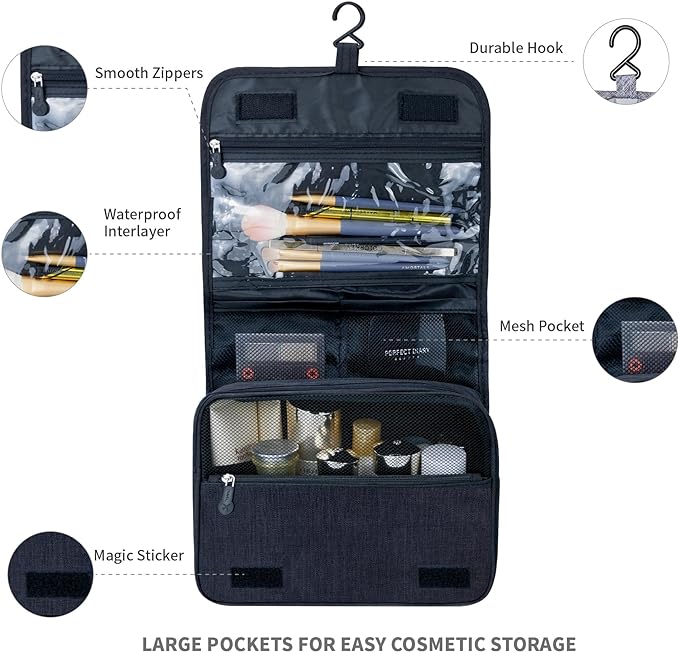 Lcsmaokin Large Capacity Toiletry Bag Travel Bag with Hanging Hook for Men and Women Waterproof Travel Cosmetic Bag Bathroom Storage Bag for Brushes Set,Full-Sized Shampoo,Toiletries,Accessories-Black - Image 2