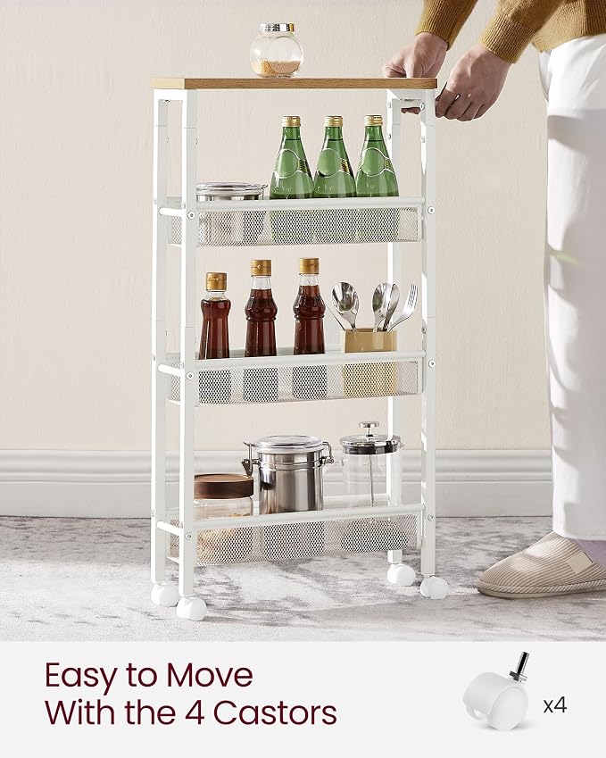 VASAGLE Slim Rolling Cart, 4-Tier, 5.1 Inches Deep, Steel Frame | Storage Cart with Handle, Narrow for Kitchen, Living Room, Golden Oak and Matte White, DACEY Collection ULRC032W09 - Image 8