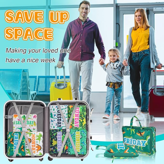Paterr 7 Pcs Days of Week Packing Cubes for Travel Compression Packing Cubes for Kids Summer Camp Daily Outfit Suitcase Organizers Zippered Storage Bag for Cruise Vacation Essentials(Dinosaur) - Image 5