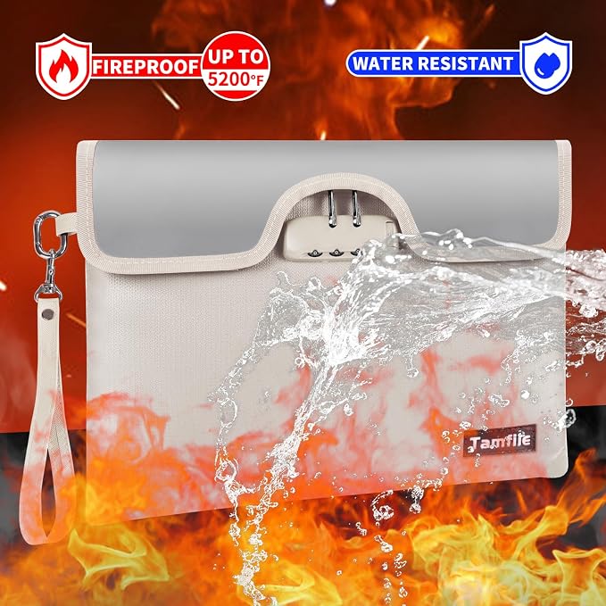 5200°F Fireproof Money Bag with Lock, Water Fireproof Document Bag with Zipper, 8 Layers Fire Insulation, Small Fireproof Safe Storage Pouch with Lock for Cash, Passport, (8.3" x 11", Beige - Image 2