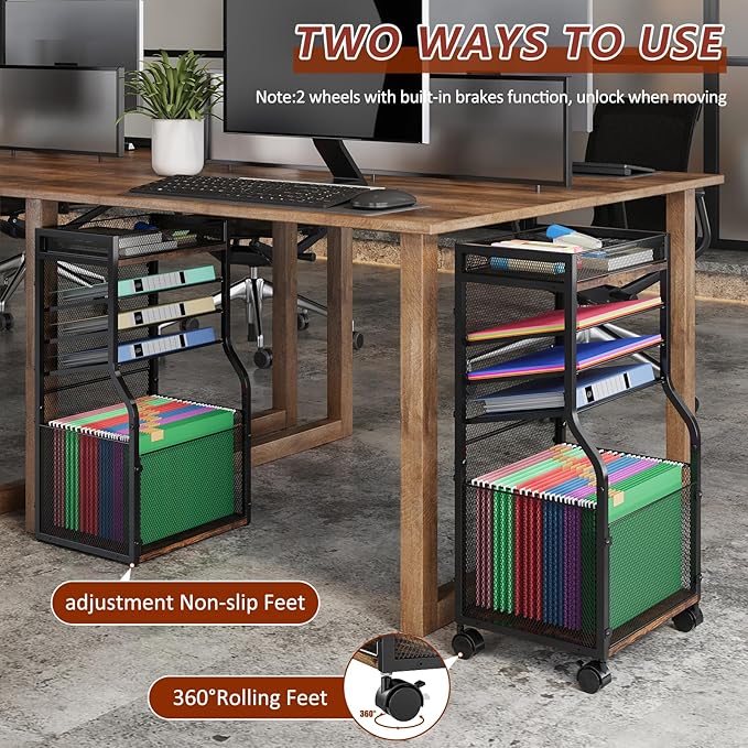 3IngSeagulls Rolling File Cart, 5-Tier Mobile Filing Cabinet on Lockable Wheels, Under Desk Storage, Mesh Sliding Hanging Folder, Office Storage & Organization Cabinet for Office, Home, and School - Image 3