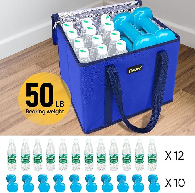 BALEINE 1PK Insulated Reusable Grocery Bag, Heavy Duty Shopping Tote | Foam & Foil Insulation, 9" Long Handles, Reinforced Bottom Keeps Upright, Fold Flat Storage, Water-Resistant Shopping Bag - Image 6
