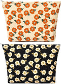 SOIDRAM 2 Pieces Flower Makeup Bag Large Corduroy Cosmetic Bag Capacity Canvas Travel Toiletry Bag Organizer Cute Makeup Brushes Aesthetic Accessories Storage Bag for Women, Flower L Orang Black by SOIDRAM
