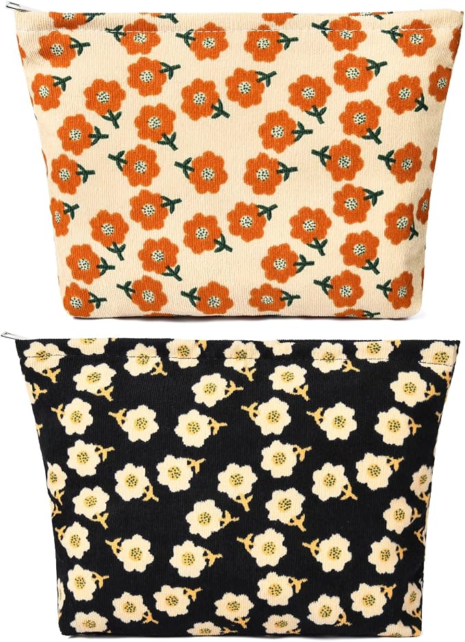 SOIDRAM 2 Pieces Flower Makeup Bag Large Corduroy Cosmetic Bag Capacity Canvas Travel Toiletry Bag Organizer Cute Makeup Brushes Aesthetic Accessories Storage Bag for Women, Flower L Orang Black by SOIDRAM