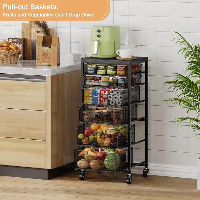 6-Tier Kitchen Storage Cart -Fruit Vegetable Storage Cart with Drawers, Wooden Top Metal Wire Kitchen Organizer and Storage Cart with Wheels to Storage Onions Potatoes Cans Snacks for Kitchen - Image 6
