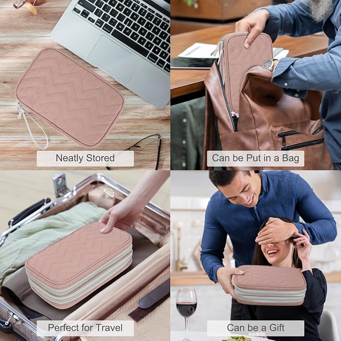 FYY Electronic Organizer, Travel Tech Pouch Bag, Large, Pink Quilted | Wrist Strap, Waterproof, Double Layers Portable Electronics Travel Carrying Case for Cord, Charger, Daily Business Trips Use - Image 7