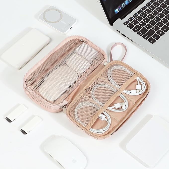 NISHEL Electronics Travel Organizer Cord Case, Charger Cable Tech Bag | Double-layer bag keeps chargers, cables, flash drive, and small tech essentials organized for trip, Medium, Pink - Image 7