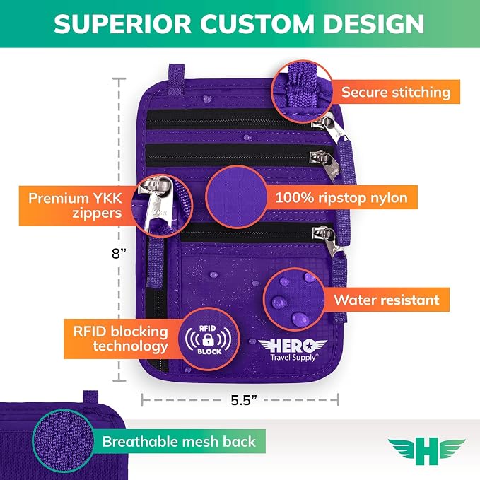 HERO Neck Wallet - RFID Blocking Passport Holder, Easy to Conceal Travel Pouch (Purple) - Image 2