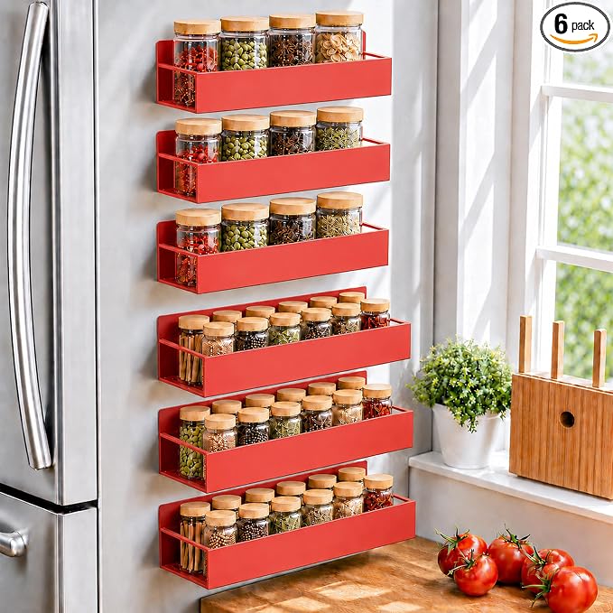 SMRCAD 6 Pack Metal Magnetic Spice Rack for fridge, Heavy Duty | Iron + Magnet | Holds 9 lbs per shelf | Full-back magnets | Screws included | Climate Pledge Friendly by SMRCAD