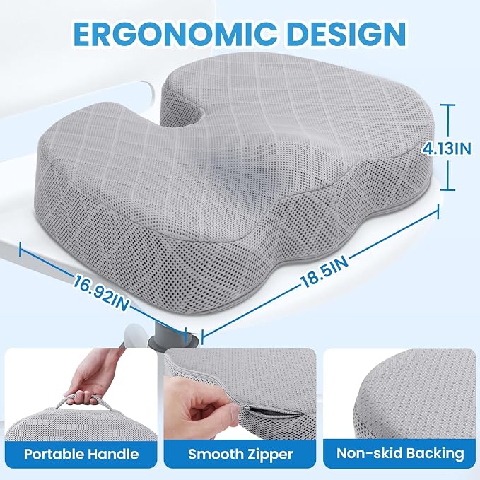 Memory Foam Office Chair Seat Cushion - Light Grey, XX-Large | for Car Seat, Airplane, Desk Chair - Sciatica & Hip & Coccyx Pain Relief Cushion for Long Sitting Office Workers, Car Drivers - Image 2