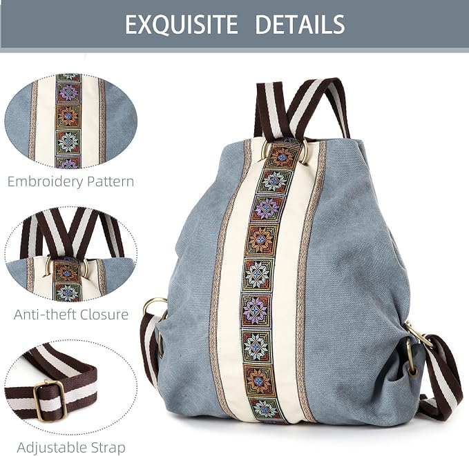 Goodhan Women Canvas Backpack Daypack Casual Shoulder Bag, Vintage Heavy-duty Anti-theft Travel Backpack (Blue Grey) - Image 2