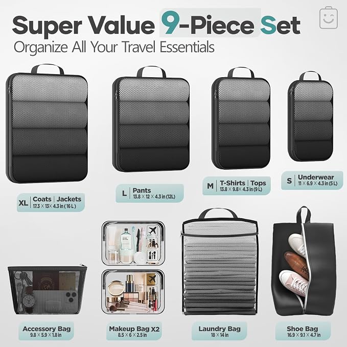 Veken 9/11 Set Compression Packing Cubes Garment Bags for Travel Essentials,Compressible Expandable Luggage Organizer Bags for Clothing,Space Saver Bags with Over 1000 pcs of Mesh Holes(Black) - Image 2