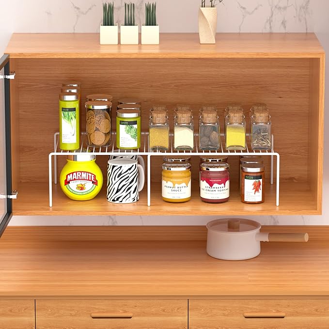 Kitchen Cabinet Expandable Shelf Organizers Set of 2, Adjustable Metal Wire Pantry Storage Shelves, Plate Dish Organizer Rack for Cabinets, Cupboard, Counter, Freezer, Countertop, White - Image 5