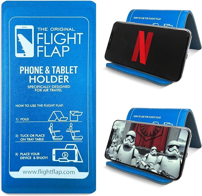 Airplane Phone Holder - Foldable Phone Stand for Plane Travel | Aluminum Build, 9 x 4.3 in. Matte Blue Finish, Tabletop Mount Desk, Plane Tray Seat back, Treadmill, Fits iPhone Cell Phone by FlightFlapbyFolden