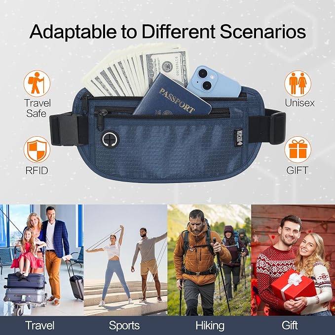 Slim RFID Blocking Money Belt for Travel - Anti-Theft Hidden Passport Holder Waist Wallet with Secure Pouch for Cash, Credit Cards & Phone Safe (Navy Blue) - Image 4