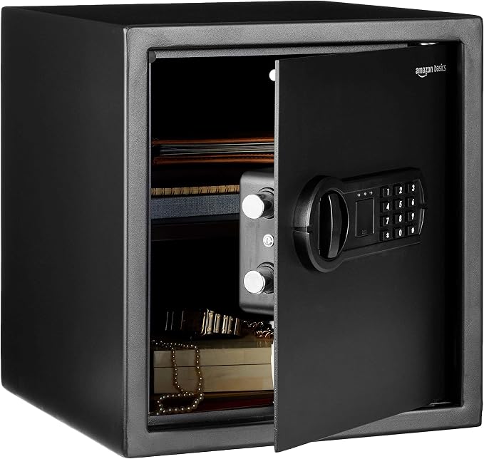Amazon Basics Steel Home Security Electronic Safe with Digital Keypad, Programmable Lock for Important Documents, Jewelry, Valuables, 1.2 Cubic Feet, Black, 13"W x 13"D x 14.2"H by AmazonBasics