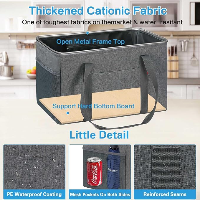 LHZK Standing Utility Tote Bag with Metal Wire Frame and the Sides Rinforced, Large Tote Bag with Handle, Reusable Grocery Bags Foldable, Beach Bag, Car Tote (Grey, 18.5''x11.8''x11.5'') - Image 4