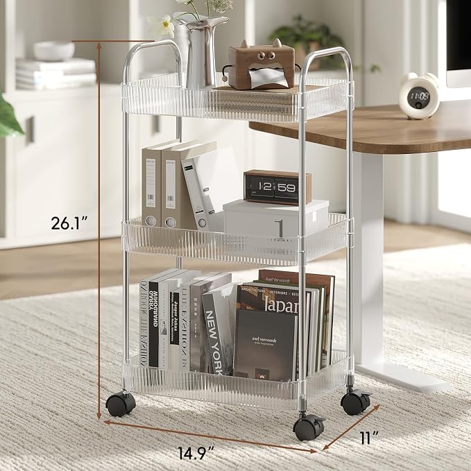 STARLATTA 3 Tier Rolling Cart with Lockable Wheels, Clear Acrylic Utility Trolley with Handle, Heavy-Duty Storage Organizer for Kitchen Bathroom Nursery Laundry - Snack Book Craft Organizer (Clear) - Image 3