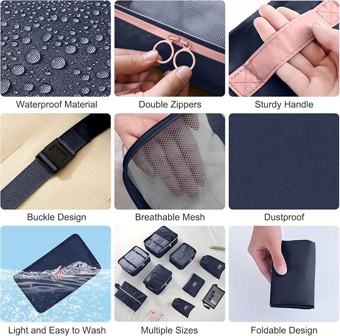 Packing Cubes for Travel- 8 Set Luggage Organizer Bags for Family, Mesh Breathable Travel Packing Cubes for Suitcases Durable Travel Essentials Bags Set (Navy Blue, 10 Set) - Image 6