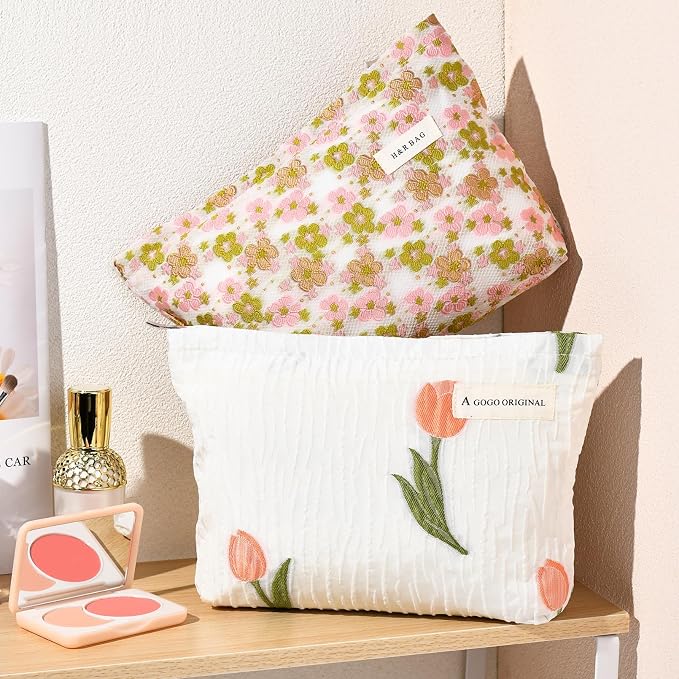 SOIDRAM 2 Pieces Flower Makeup Bag Large Floral Cosmetic Bag Capacity Canvas Travel Toiletry Bag Organizer Cute Makeup Brushes Aesthetic Accessories Storage Bag for Women, Embossed flower L White Pink - Image 6