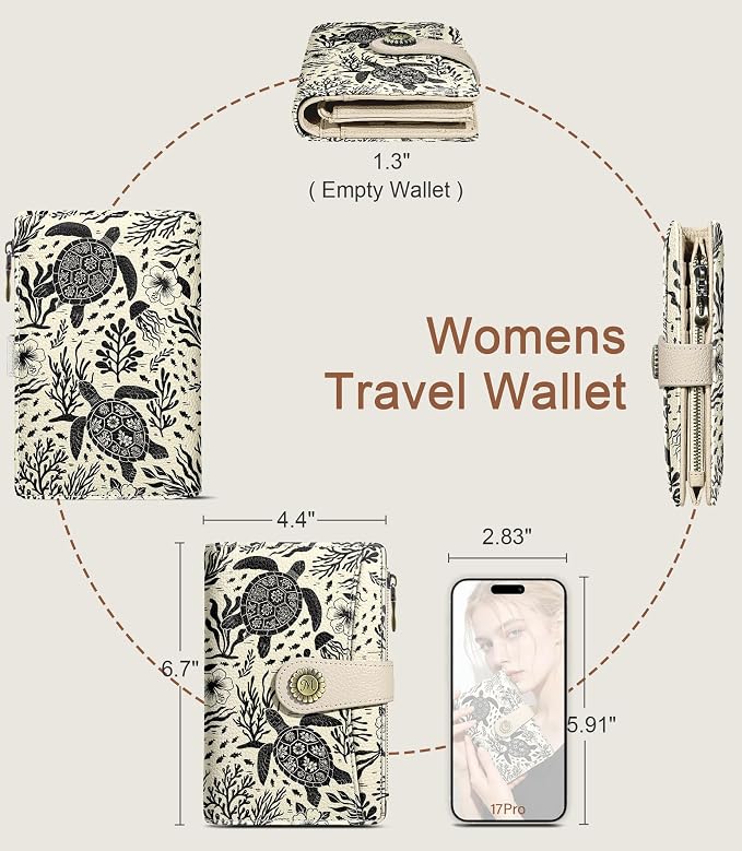 Sea Turtle Wallet Women RFID, Passport Holder, Credit Card Holder | 6.7" x 4.4" x 1.3" Bifold, Travel billfold, Zipper Pocket, PU Leather, Clutch, Purse, ID Window, Pen Holder, Gift Ladies Girl - Image 5