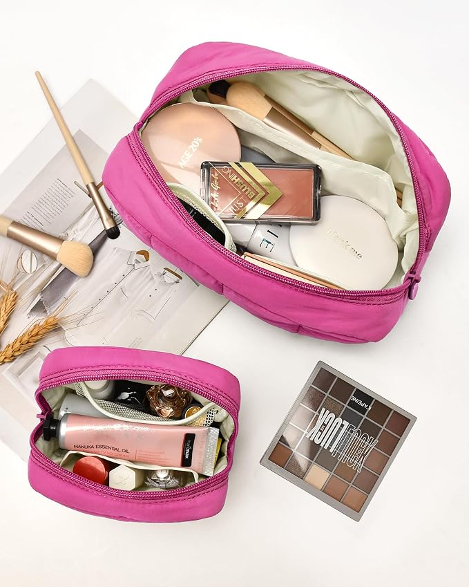 2 Pcs Makeup Bag Travel Toiletry Bag for Women Puffy Padded Cosmetic Pouch Purse Wide-open Makeup Organizer Case Travel Essentials - Image 2