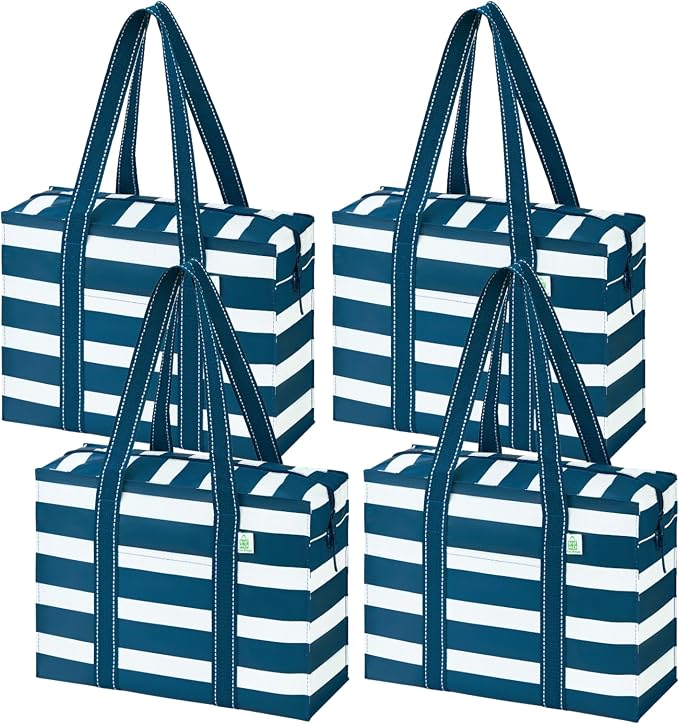 VENO 4 Pack Utility Tote Reusable Grocery Bags with Zipper & Hard Bottom | Heavy Duty Foldable Water-Resistant Shopping Bags for Summer Beach, Picnic & Travel Carry-on (Classic Navy Stripe, 4 Pack) by Veno