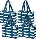VENO 4 Pack Utility Tote Reusable Grocery Bags with Zipper & Hard Bottom | Heavy Duty Foldable Water-Resistant Shopping Bags for Summer Beach, Picnic & Travel Carry-on (Classic Navy Stripe, 4 Pack) by Veno