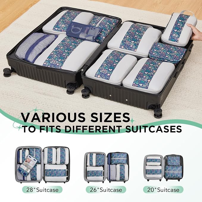 OlarHike 10 Set Compression Packing Cubes for Travel Essentials,Compressible Expandable Space Saver Bags for Organizing Clothes,Luggage Garment Bags with Over 1000 pcs Mesh Holes(Dark Blue Floral) - Image 8