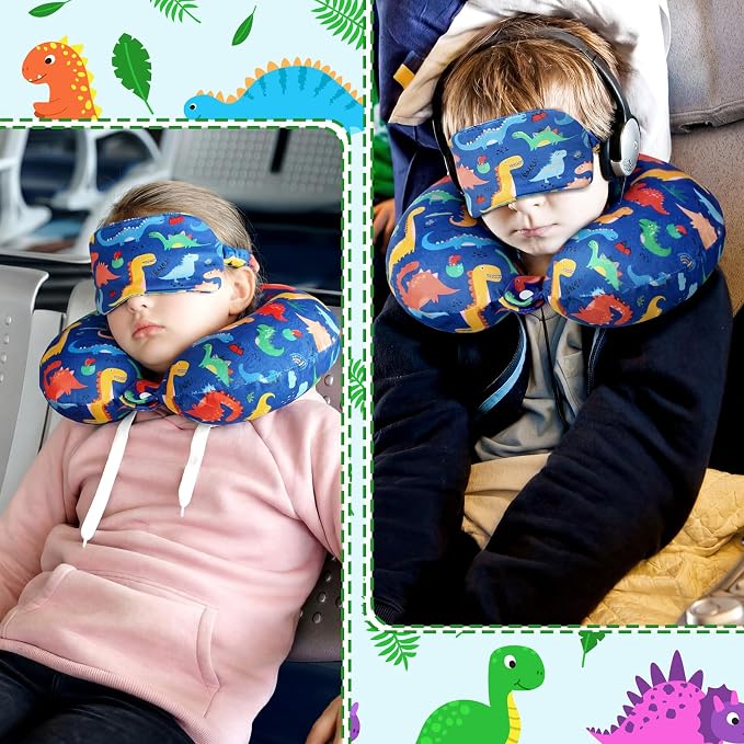 Gilprop 2 Pcs Dinosaur Travel Pillow with Sleep Eye Mask, U Shaped Memory Foam Headrest & Neck Pillow with Washable Cover, Soft Neck Head Support Travel Accessories for Airplane Car Train Bus Trips - Image 6