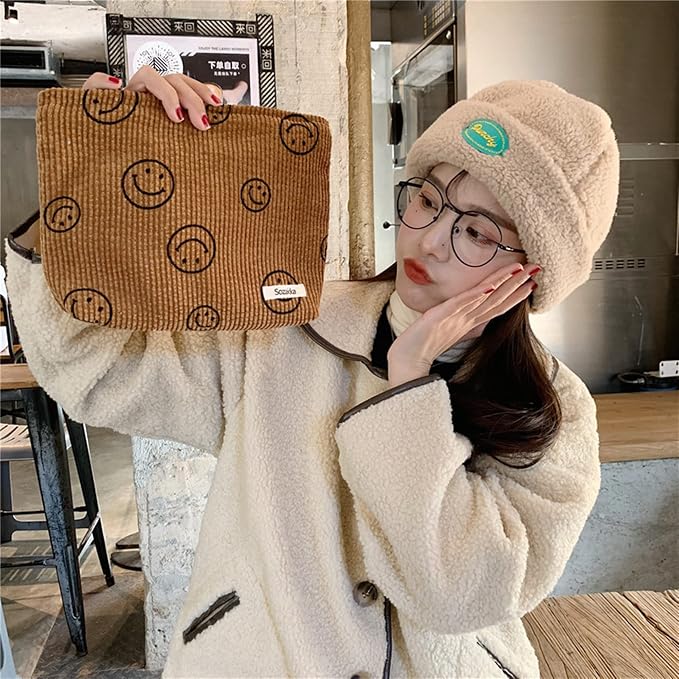 Cosmetic Bags for Women - Corduroy Cosmetic Bag Aesthetic Women Handbags Purses Smile Dots Makeup Organizer Storage Makeup Bag Girls Case Bags (A-Brown) - Image 2