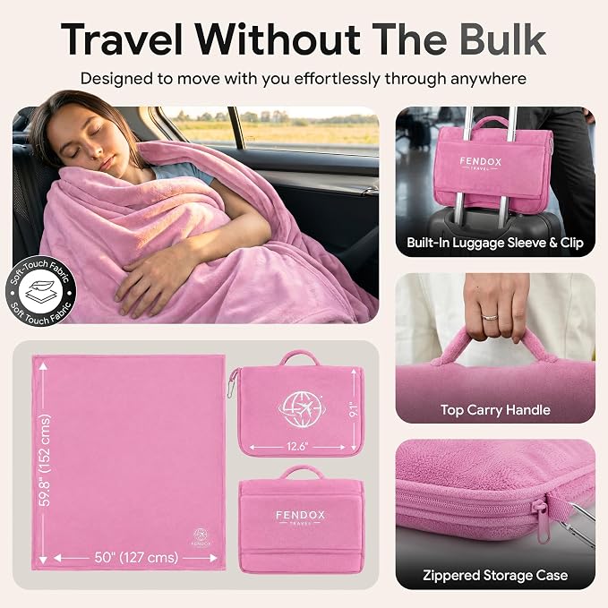 2-in-1 Travel Blanket and Pillow – Lightweight, Compact, Ultra Soft, Machine Washable – Handle, Luggage Sleeve, Backpack Clip – for Trave Airplane, Car, Office (light pink) - Image 3
