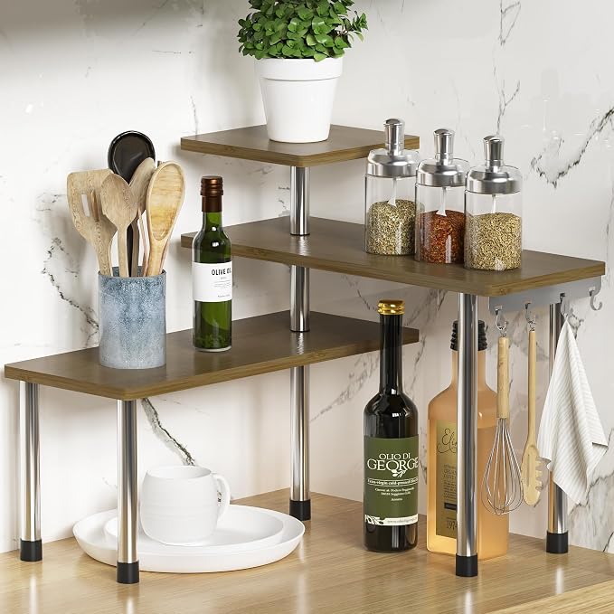ZHWS Kitchen Corner Shelf Countertop Organizer - 3 Tier Bamboo & Metal Kitchen Organization Plant Stand Living Room Office, Spice Rack On Counter Shelves, Antique by ZHWS