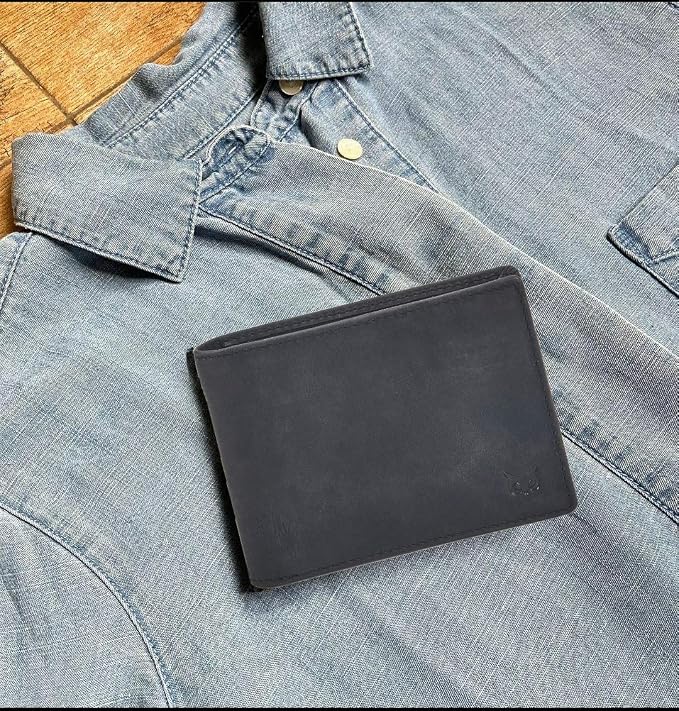 Real Leather Mens Bifold Wallet RFID Blocking Slim Minimalist Front Pocket - Thin & Stylish with ID Window in Gift Box (Crazy Horse, Black) - Image 6