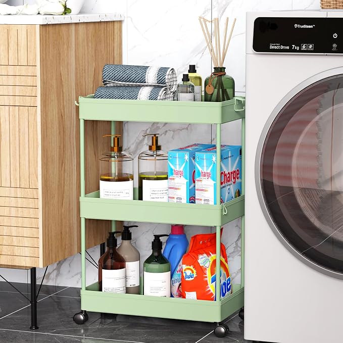 SPACEKEEPER 3 Tier Rolling Cart, Bathroom Cart Organizer with Wheels, Green | Mobile Storage Cart for Laundry Room Organization,Kitchen,Office,Bathroom, Utility Cart for Snack,Craft,Art,Makeup,Nail,Toys - Image 6