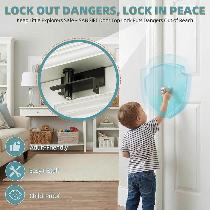 Adjustable Child Safety Door Top Lock with Ergonomic Grip, 2MM Thick Solid Steel Child Proof Door Top Lock for Interior Exterior Doors Easy Sliding Lock Unlock from Both Sides for Kids Safety - Image 2