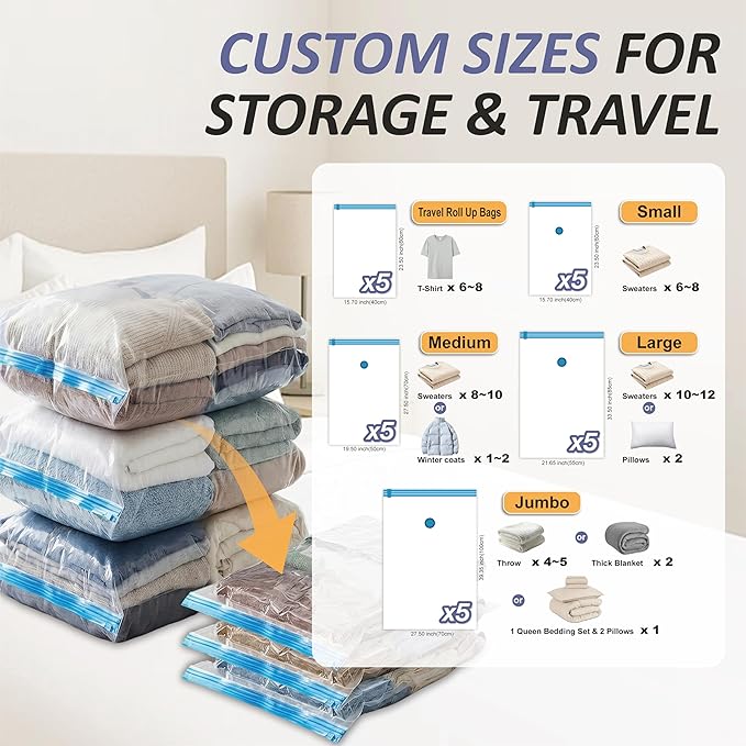 Cozy Essential Vacuum Storage Bags, 80% Compression Vacuum Seal Space Saver Plastic Packaging Bags for Clothes, Blankets, Pillow, Bedding, Comforters, Sealer Clothing Storage,25 Combo - Image 3