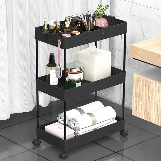 3 Tier Rolling Cart with Wheels, Storage Craft Art Trolley Organizer Serving, 3 Hanging Baskets Easy Assembly, for Office, Bathroom，Living Room, Kitchen, Black by Home