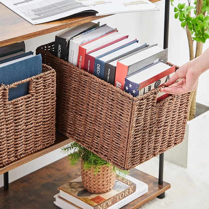 Large Wicker Storage Basket, Set of 2 Baskets for Organizing Brown | Hand-Woven Wicker Small Storage Baskets for Organizing Toilet Paper, Foldable Large Cube Storage Organizer Bins for Shelves - Image 5