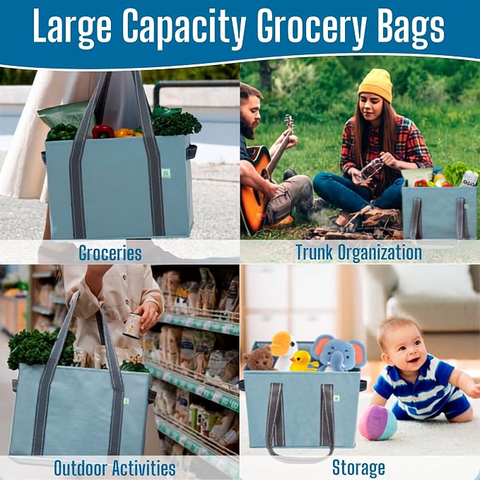 VENO 2 Pack Extra Large Reusable Grocery Shopping Bags Utility Tote | Water Resistant, Storage Box w/ Sturdy Side Handles & Hard Bottom, Foldable for Groceries Shopping Cart(Blue, 8 Gallon) - Image 6