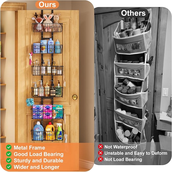 Hongtamoya Over The Door Organizer, Adjustable Hanging Door Organizer with 6 Wire Baskets 5 Hooks, Metal Behind The Door Storage for Pantry Closet Bedroom Bathroom Cabinet Kitchen Laundry Room, Black - Image 3