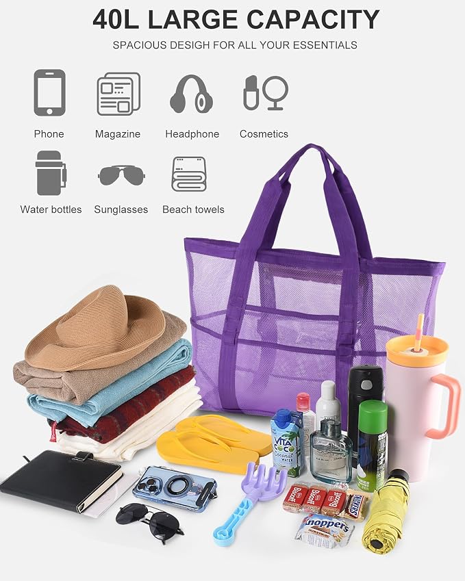 Genteen 40L Mesh Beach Bag, Foldable Sandproof Tote with Waterproof Pocket Quick Dry for Women Family Pool Vacation - Image 7