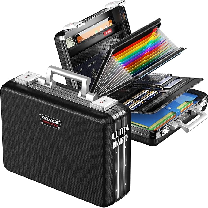 Fireproof Document Box, Ultra Hard Metal Frame Fireproof Safe Box | Aluminum Alloy Frame Zipperless All-Around Fireproof Document Organizer with TSA Lock Black by COLCASE